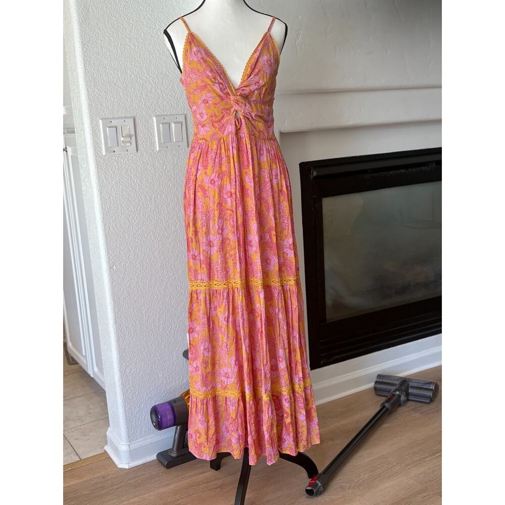 Angie Boho Floral Maxi Dress Pink/Yellow Twist Front Tiered Crochet L 8-12 - Picture 2 of 6